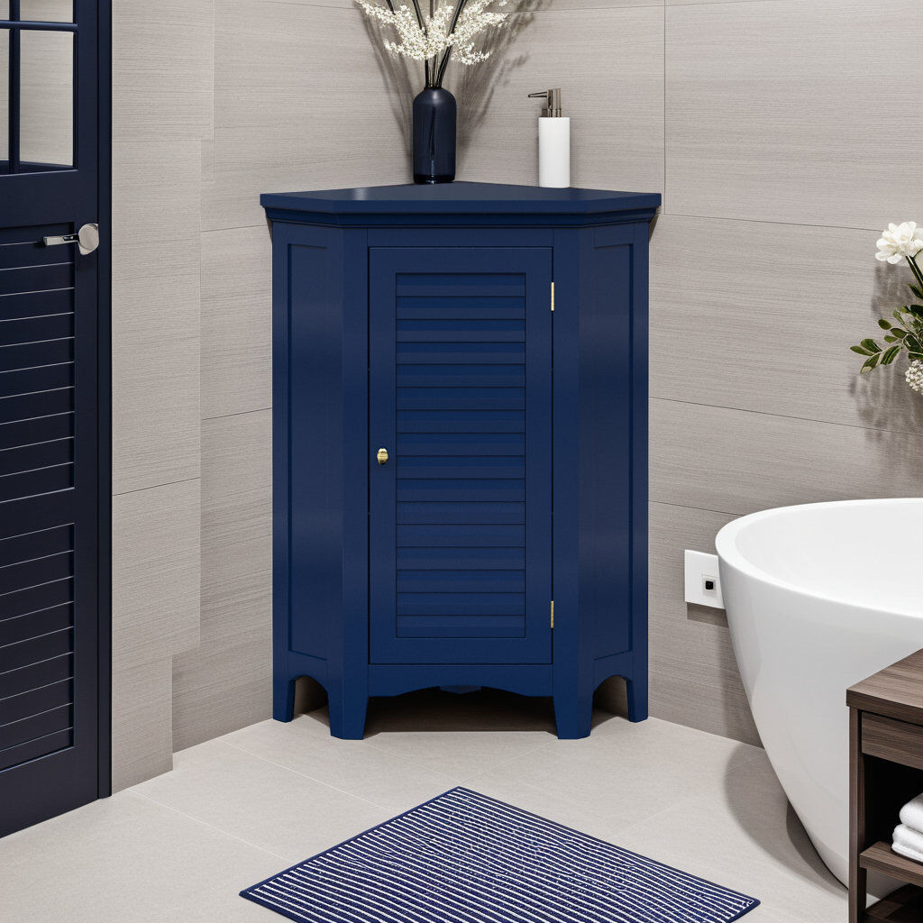 Marlow Home Co. 32" Glancy One Shutter Door Wooden Corner Freestanding Floor Cabinet Corner Floor Cabinet Navy 82cm H X 63cm W X 43cm D
