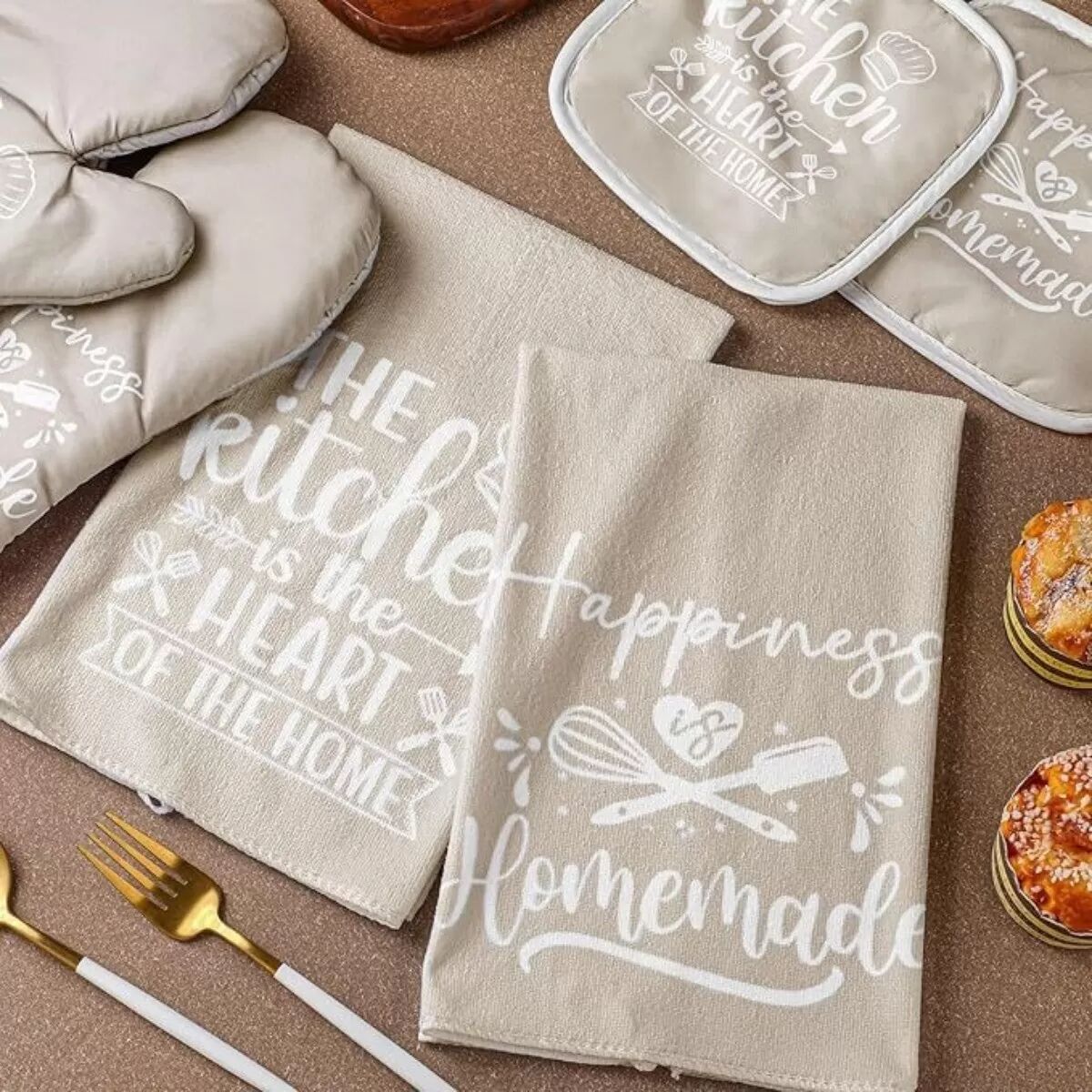 INF Ensemble de Cuisine 6 Pièces en Coton : Gants, Maniques & Torchons Absorbants Résistants à la Chaleur Beige