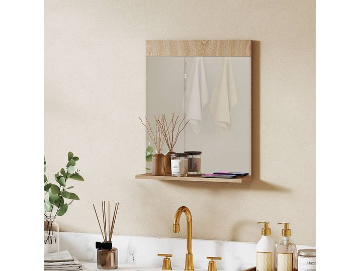 HOMCOM Miroir Mural Chêne 50x12x60cm avec Étagère Entrée