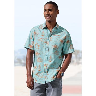 Hawaiihemd JOHN DEVIN "- Kurzarmhemd mit kontrastfarbigem Palmen Druck", Herren, Gr. S, N-Gr, grün (hellblau), Web, Obermaterial: 100% Baumwolle, bedruckt, regular fit normal, ohne Ausschnitt, abgesteppte Kante, Hemden Hawaiihemd, Freizeithemd bis...