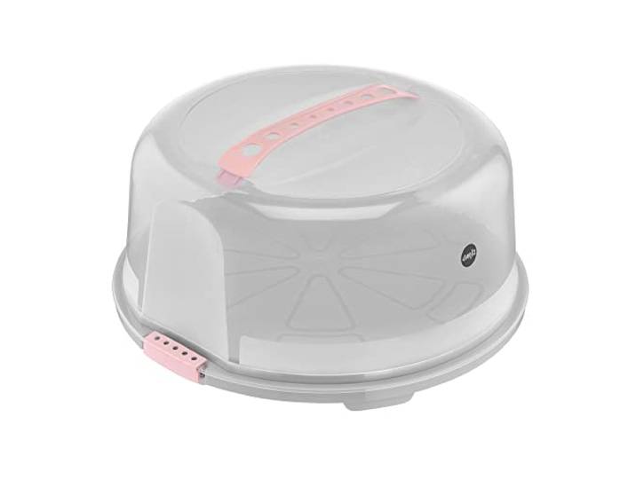 Emsa Prep&Bake Kuchenaufbewahrungsbox, Rund, 34 cm Durchmesser, Tragegriff, Schneidevorrichtung, Transparent & Rosa, K3268434