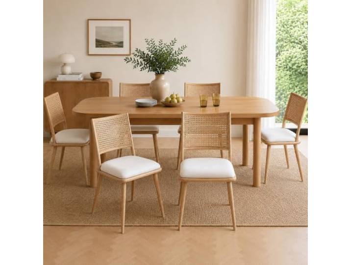 Merax Esszimmerstühle 6er-Set, Küchenstühle mit PU Sitz und Rattan Rückenlehne, Polsterstuhl für Esszimmer, Wohnzimmer und Schlafzimmer, Metallrahmen, Beige