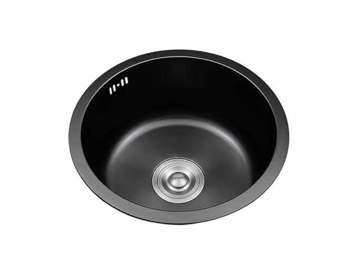 Kferfft 33 cm schwarze runde RV-Spüle Edelstahl Topmount Bar Küchenspüle SUS304 Edelstahl runde Einzelbecken-Spüle mit Ablaufgarnitur und Zubehör, ideal für Wohnmobile und Kompaktküchen