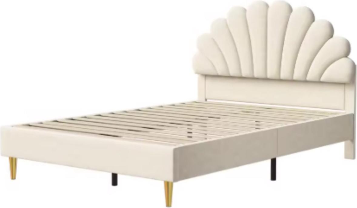 Kinderbett 140x200cm - Mädchenbett mit Muschel-Design und Krone - Mit Lattenrost - Ohne Matratze - Beige - Einzelbett