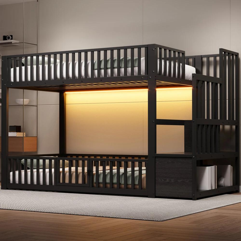 Kinder-Etagenbett - 140 x 200 cm - MDF und Metall - Integrierte LED-Beleuchtung - Sicherheitstreppe - Zur Selbstmontage - Schwarz