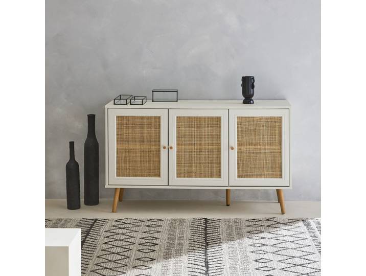 Buffet de rangement cannage, blanc - 120x39x70cm
