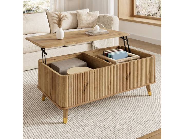 Table basse rétro design plateau ajustable texture ondulée grand coffre pratique TABLE BASSE