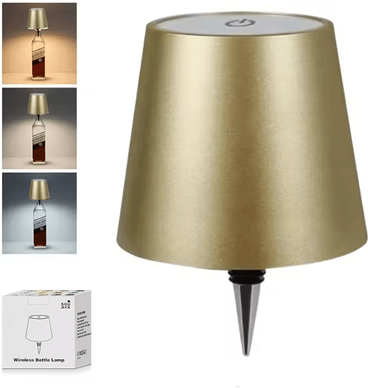 Inspire Curations Rechargeable Bottle Table Lamp USB Touch Control 3 Color Dimmable LED Light golden
