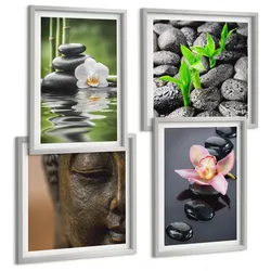 BILDER SET 4er Set - 50x50 cm & 40x60 cm Silberner Rahmen - Friedliche Zen-Blumen-Buddha-Komposition