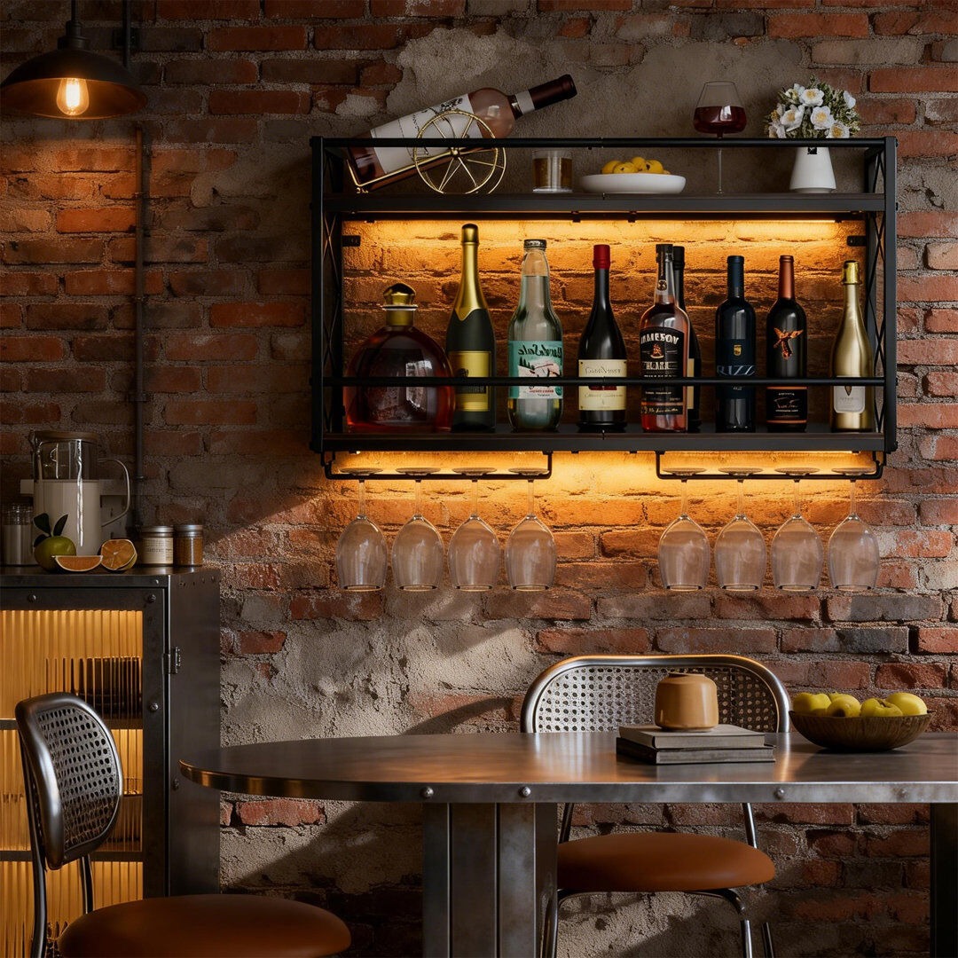Rio Wall Mounted Wine Bottle & Glass Rack Black,Brown Black,Brown 73cm H X 80.5cm W X 20cm D