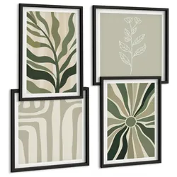 BILDER SET 4er Set - 50x50 cm & 40x60 cm Schwarzer Rahmen - Pflanzenmuster grüner Minimalismus