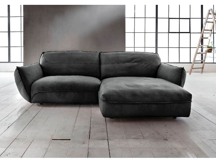 Ecksofa, Anilinleder Pallino, Schwarz, 280×180 cm, Recamiere Rechts, Modern, BETYPE