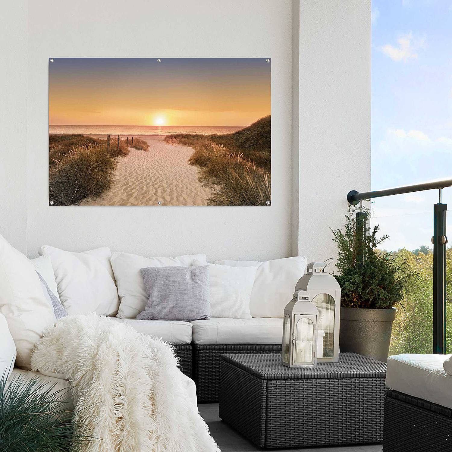 home24 Outdoor-poster Zonsondergang, weerbestendig PVC, oranje, 80 x 120 cm