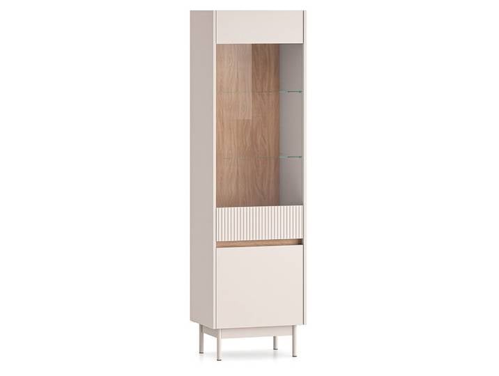 Lomadox Vitrine DINAR-131 kaschmir matt Eiche Dekor 55 cm breit Metallfüße grifflos Rillenoptik