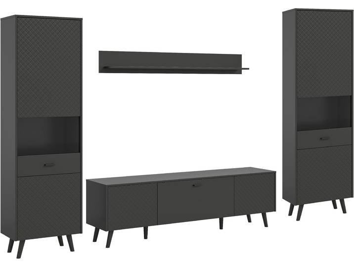 Wohnwand HOME AFFAIRE RHOMBUS, hochwertige MDF-Front mit Karo-Optik , schwarz (grau), B:331cm H:195cm T:40cm, Kastenmöbel-Sets, Wohnwand, 4-teilig, bestehend aus: 2 Vitrinen, TV-Lowboard & Wandboard