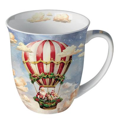 Ambiente Tasse 10cm Porzellan 0,4L mit Weihnachtsmann im Heißluftballon Motiv - Keramiktasse Porzellangeschirr Kaffeetasse Teetasse Kakaotasse Weihnachtstasse