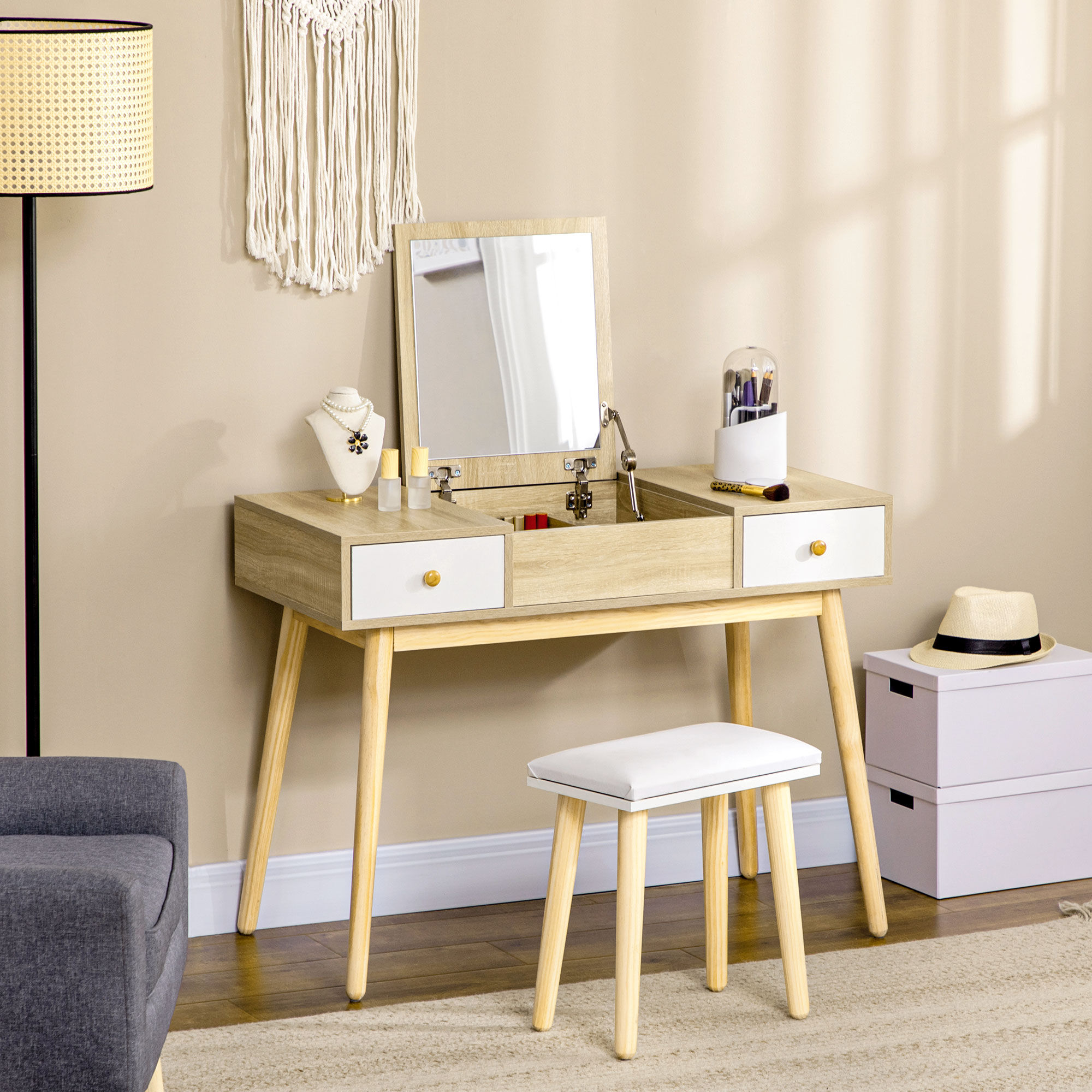 Altro Postazione Trucco Moderno Con Specchio Estraibile, Toeletta Trucco Con Organizer Gioielli, 2 Cassetti E Sgabello, Color Legno