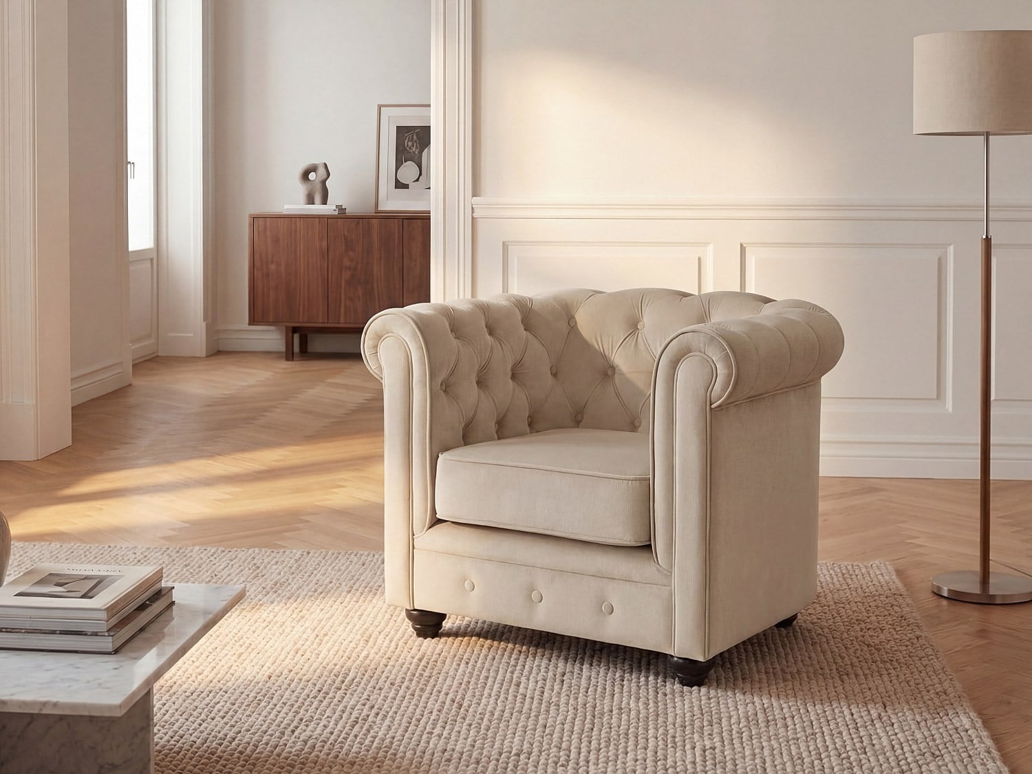 Beige velours Chesterfield fauteuil met armleuningen