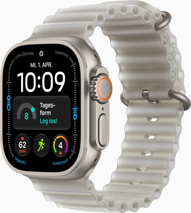 Apple Watch Ultra 4 49 mm Titan Natur mit Ocean Armband Halbtransparentes Grau