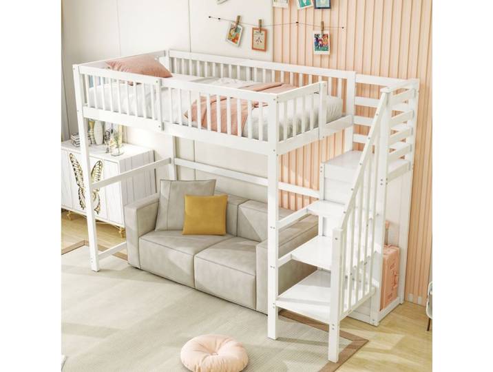Lit Mezzanine Enfant 90x200 cm - Escalier - Etagère & Armoire Ouverte - MDF - Blanc
