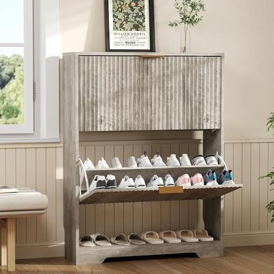 Garvee Shoe Storage Cabinet with 2 Flip Drawers, Slim Fluted Shoe Rack Cabinet with Open Storage