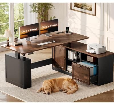 Hansabenne Farmhouse L-Shaped Electric Standing Desk with Storage Cabinet