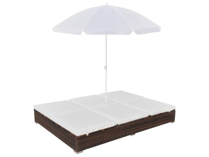 vidaXL Outdoor-Loungebett Mit Sonnenschirm Poly Rattan Braun, Creme, Kunststoff, Füllung: Polyester, Rechteckig, 140x190x197 cm, Gartenmöbel, Loungemöbel, Gartensofas & Loungesofas