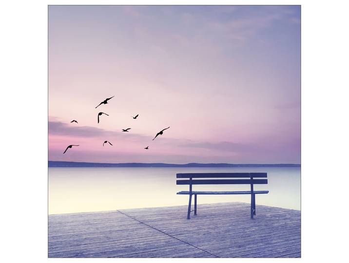 Tableau Banc solitaire II Cadre : panneau de fibres de bois MDF Revêtement : toile Bleu/Mauve/Jaune 30 x 30 x 2cm