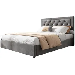 OKWISH Polsterbett 160x200 mit Samtbezug, stabiler Lattenrost,dick gepolsterte Rückenlehne, modernes Design,einfache Montage, langlebig und komfortabel Grau