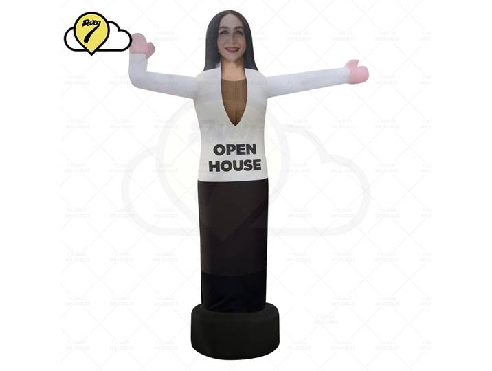 Mannequin gonflable femme agitant les bras pour open house immobilière, personnalisable, avec souffleur et LED
