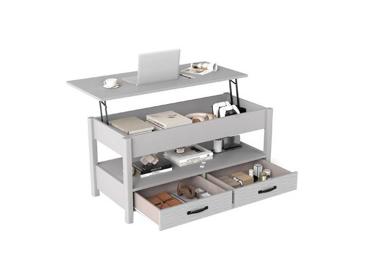 KOMFOTTEU Couchtisch, Wohnzimmertisch Kaffeetisch mit 2 Schublade, höhenverstellbar