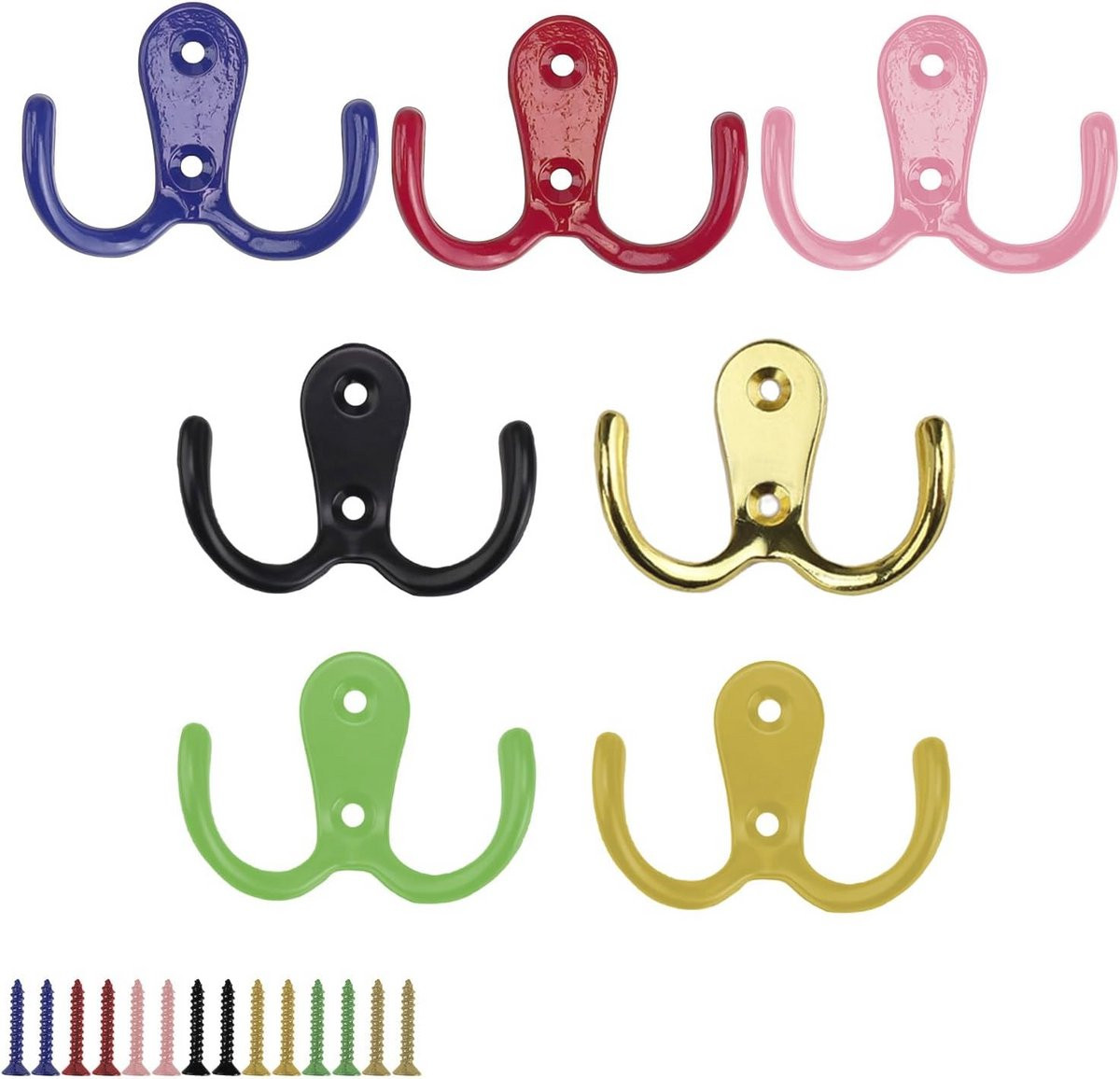 Kleurige 7-delige wandkapstok met dubbele haken en schroeven voor kleding en accessoires