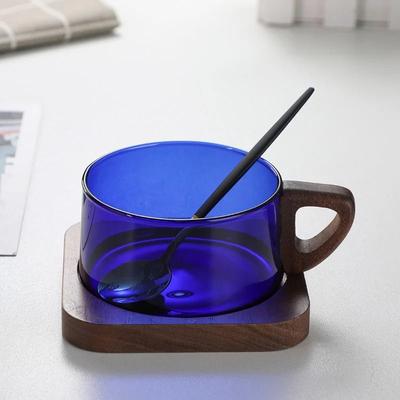Uplift Essentials Glass American Latte Coffee Cup With Wooden Tray blue With Tray