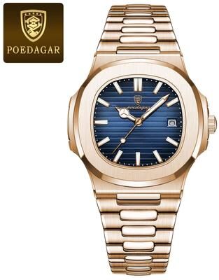 Inspired Finds POEDAGAR Square Stainless Steel Quartz Watch For Men rose Gold Blue