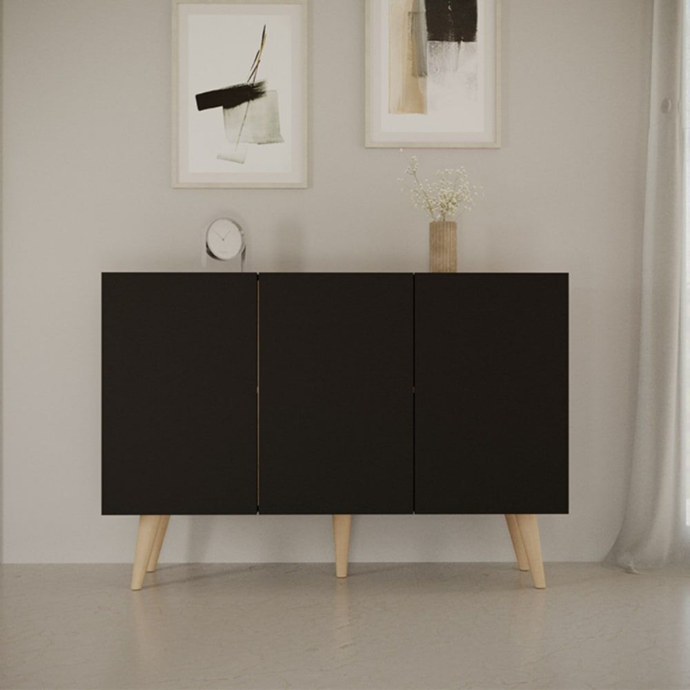 Petits meubles Buffet 3 portes panneaux noir Noir 120x40x96cm