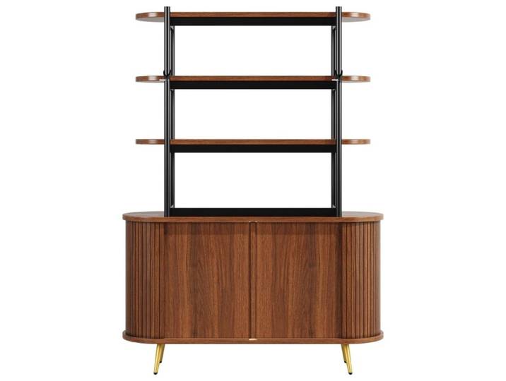 Buffet moderne marron foncé à portes à rideau étagère ouverte 4 niveaux façade rainurée