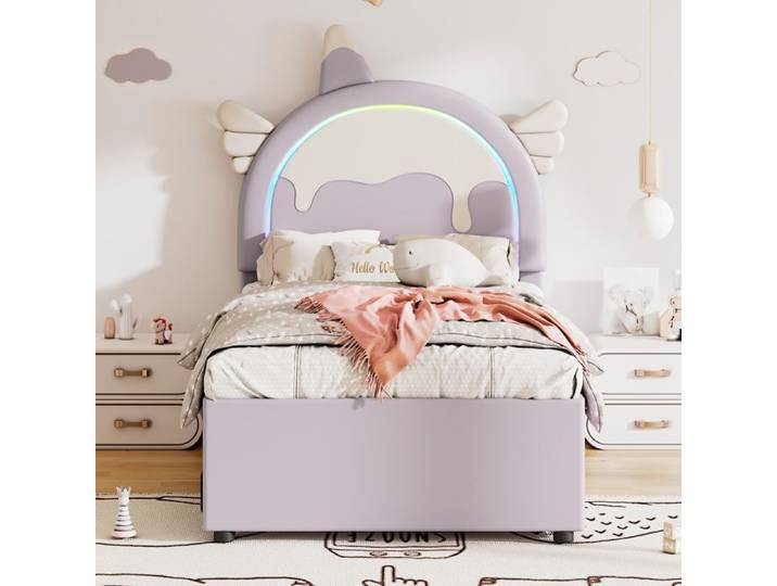 Lit enfant - KOMHTOM - Forme licorne - 90x200 cm - Lit gigogne - Tiroirs intégrés