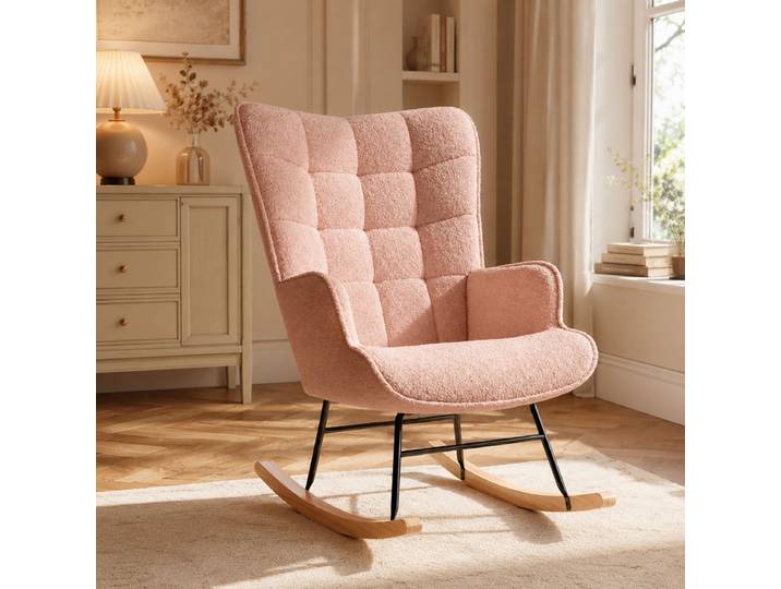 Fauteuil À Bascule\, Rocking Chair Dossier Haut\, Fauteuil À Oreilles Pieds En Métal Et Bois Massif\, Teddy Plush Rose