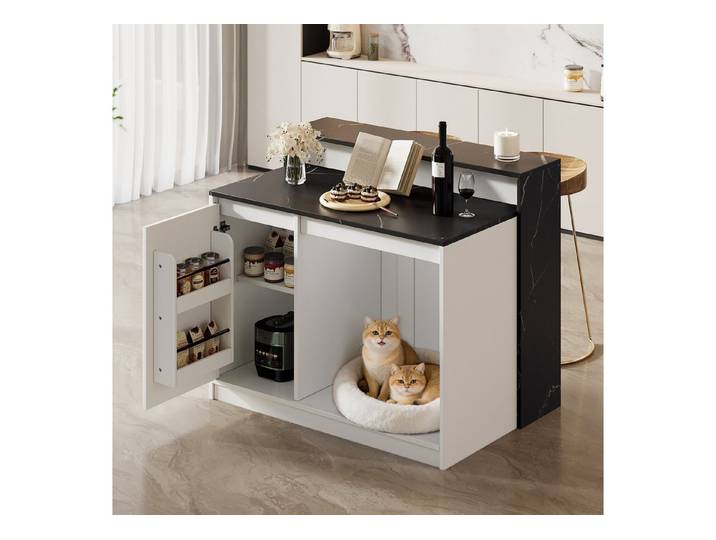 KEFEYA Kücheninsel multifunktionaler Küchentisch mit 40 kg Haustier-Ruhebereich, (für Küche & Esszimmer, mit Bartresen, Marmoroptik-Arbeitsplatte, ideal für Familien und Haustierhalter)