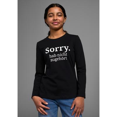 Langarmshirt KIDSWORLD "Sorry. hab nicht zugehört", Mädchen, Gr. 128/134, schwarz, Single Jersey, Obermaterial: 100% Baumwolle, bedruckt, Basic, Rundhals, Shirts Langarmshirt, Langarm, Basic-Passform, mit peppigem Druck und Statements