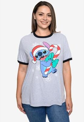 Plus Size Women's Stitch Christmas Ringer T-Shirt Gray by Disney in Gray (Size 1X (14-16))