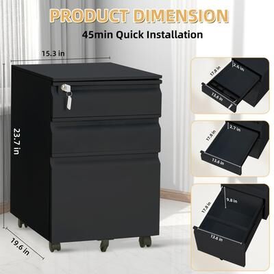 Garvee Filing Cabinets for Home Office Organizer , 3 Drawer Mobile File Cabinet with Lock & Anti-Tip Wheel,Under Desk Metal