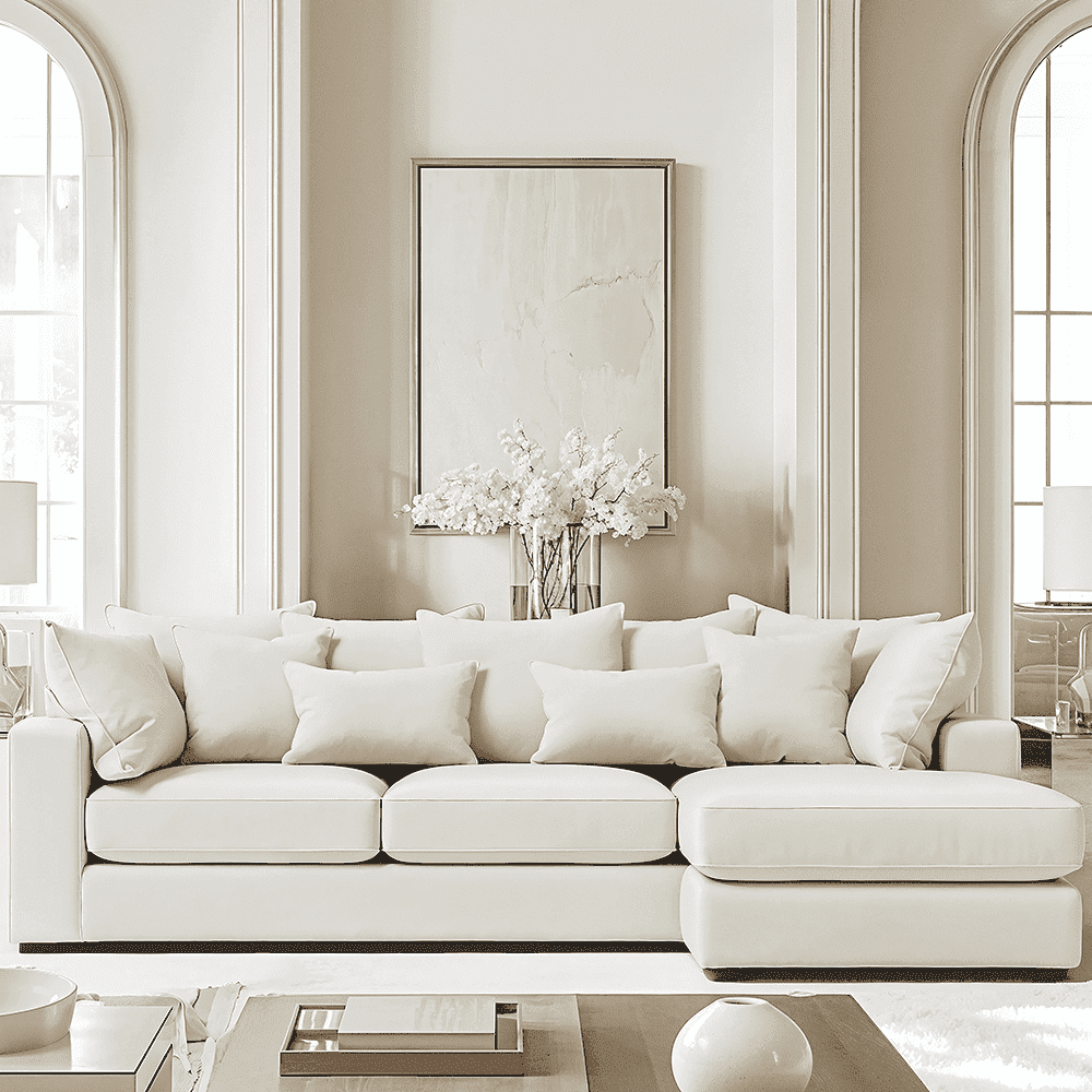 Victoria Cream Velvet Large Chaise End Sofa - Right Hand Facing, Pillow Back