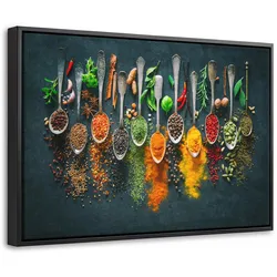 LEINWAND Bilder mit Rahmen - Kräuter - Gewürze - Löffel - 60x40