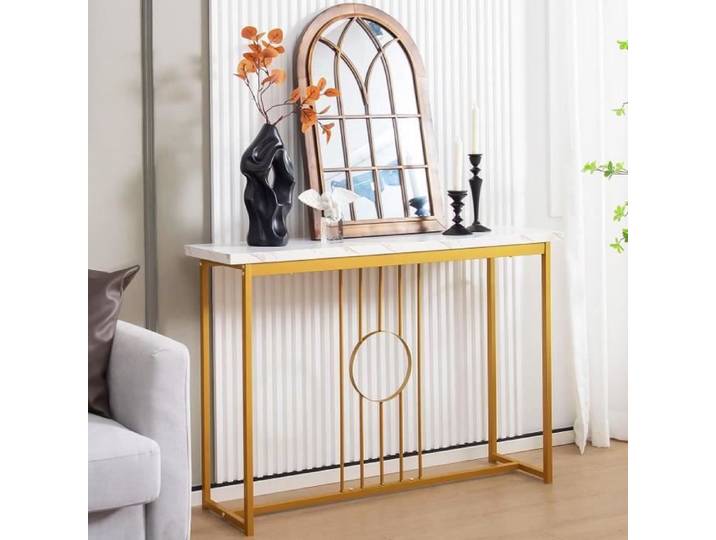 GIANTEX Console Meuble Entrée à 1 Etage Imprimée Marbre Doré Table Console Scandinave pour Entrée/Salon Cadre en Fer 120x 30x