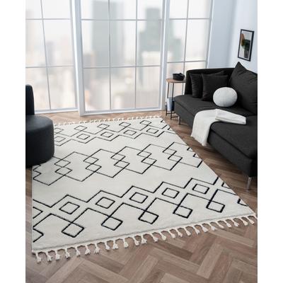 Hochflor-Teppich "Moroccan Mural", schwarz-weiß (weiß, schwarz), B:190cm H:24mm L:240cm, Polyester, Polypropylen (PP), MYFLAIR MÖBEL & ACCESSOIRES, Teppiche, Fransenteppich, modern, marokkanisches Design, flauschig weich, mit Fransen