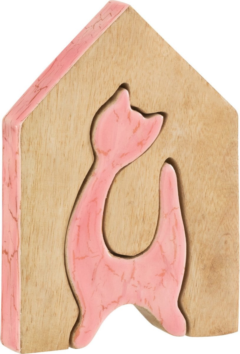 J-Line Decoratie Huis Kat - Hout - Roze/Naturel - Medium
