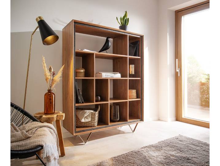 DELIFE Highboard Stonegrace 115x150 Akazie Natur 12 Fächer Steinfurnier V-Fuß, Standregale