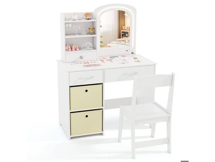 Espace Beauté et Activités Coiffeuse Fille avec Miroir Lumineux Incassable Tiroirs pour Chambre Enfant