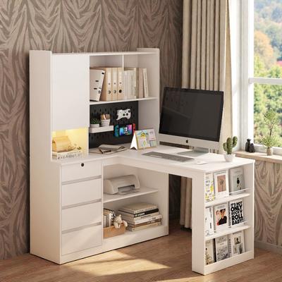 Fundinbaths L Shaped Computer Desk with Drawers and Bookshelf, Corner Desk with LED Light and Power Outlets for Home Office